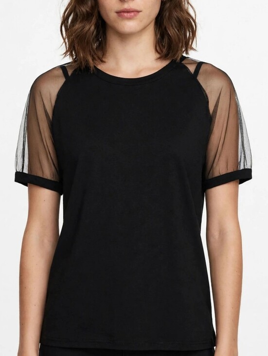 Source Unknown Tops - Black Mesh Sleeve Cold Shoulder Top (Size XL)